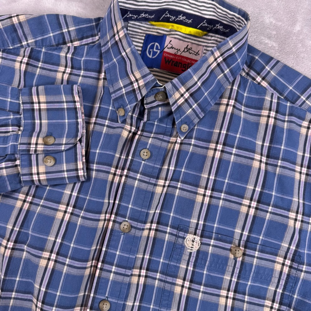 Wrangler George Strait Cowboy Cut Blue Plaid Western Button Down Shirt Mens L*